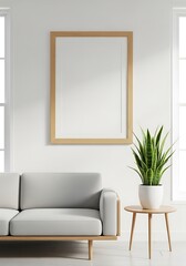 Minimalist living room interior featuring a blank picture frame, grey sofa, snake plant on a small table, and natural light from windows.