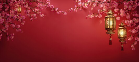 The Elegant Lanterns Surrounded by Vibrant Cherry Blossoms in a Festive Setting