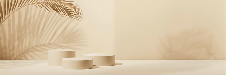 Minimal beige podiums with palm leaf shadows for product display and presentation, creating a modern and stylish scene