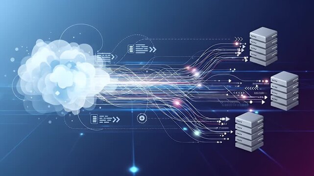 Cloud Data Migrating to Servers: Abstract Background Animation of Digital Information Transfer with Network Connections