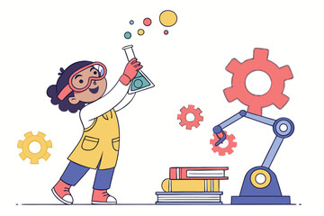 Futuristic Kid Lab Scene – Goggles, Test Tube, and Mini Robotic Arm Vector