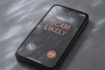 Smartphone displaying incoming scam call alert on gray surface