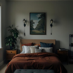 Modern Minimalist Bedroom with Earth Tone Decor and Wall Art