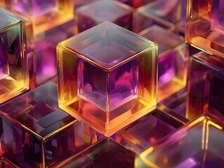 Luminous Glass Cube Array Glowing with Purple and Orange Light