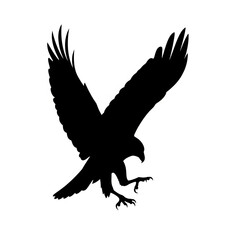 Silhouette of a majestic eagle or hawk landing with wings spread and talons out. Vector illustration of a powerful predatory bird.