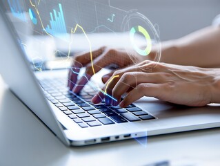 Close up of hands typing on a laptop with glowing digital data visualizations and charts overlayed