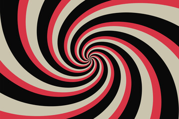 A hypnotic spiral pattern with alternating black red and beige bands converging towards the center point