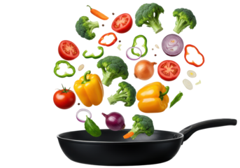 Vibrant assortment of fresh vegetables being tossed in a frying pan for cooking