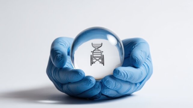 global health accessibility. A person in blue gloves holds a transparent globe featuring a DNA hourglass symbol.