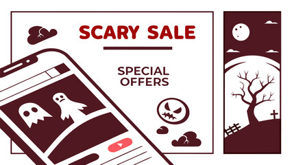 Fototapeta premium Spooky halloween scary sale featuring special offers on a smartphone screen with ghostly illustrations and a haunted landscape