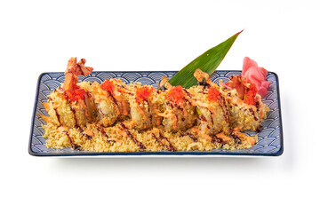 Crispy shrimp tempura sushi roll topped with spicy mayo, tobiko, and tempura flakes, served on...