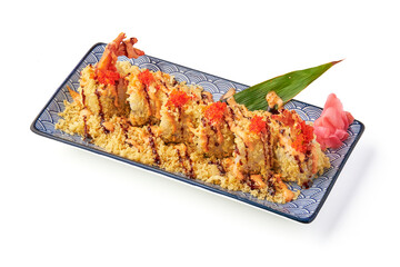 Crispy tempura sushi rolls topped with vibrant orange fish roe, drizzled with savory sauce, and served on decorative plate with pickled ginger and green leaf garnish
