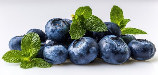 The fresh blueberries garnished with vibrant mint leaves on a white background.