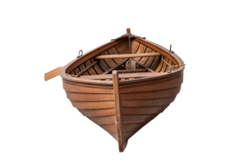 Front view of an empty wooden rowboat with visible oars set against a plain black background
