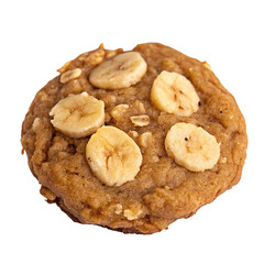 Delicious homemade banana oatmeal cookie with sliced banana topping on a clean white background