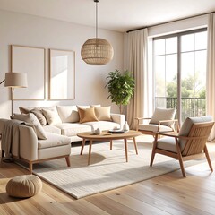 Light-filled living room with neutral tones, wooden furniture, and large windows (1)