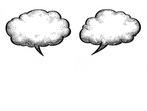 Two stylized white speech bubbles, hand-drawn, textured