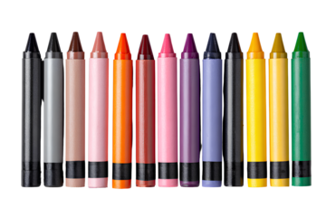 A set of crayons in various colors, arranged side by side on a Transparent background PNG