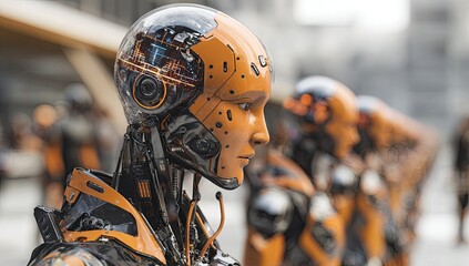 Close-up of an orange-and-black robot head and torso, profile view, in a city setting