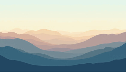 Abstract Blue Pink Mountain Landscape with Soft Pastel Colors and Layered Hills