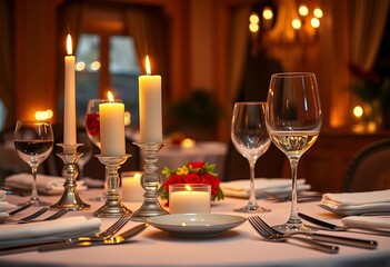 Candlelit dinner, intimate setting, elegant tableware, silver cutlery, wine glasses, senior, aging