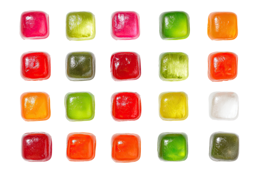 Colorful square candies in small containers, arranged in a grid