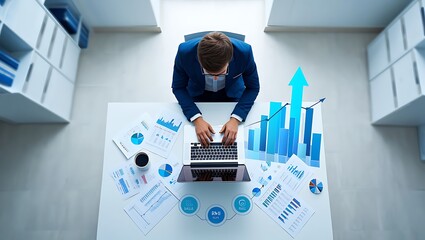 Top-Down View of a Business Professional Analyzing Financial Data with a Laptop, Paperwork, and a Rising Growth Chart on a Modern White Desk