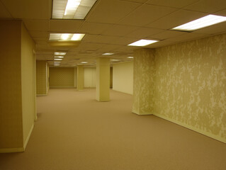 Empty backrooms interior. Beige carpeted room with fluorescent lighting, patterned wallpaper, and an eerie liminal atmosphere associated with backrooms