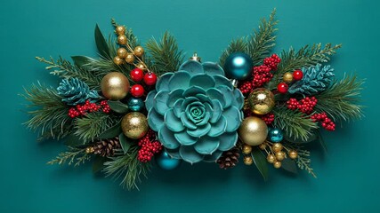 A festive christmas arrangement featuring a teal succulent, gold ornaments, red berries, and pinecones on a teal background, creating a beautiful holiday decoration - Powered by Adobe