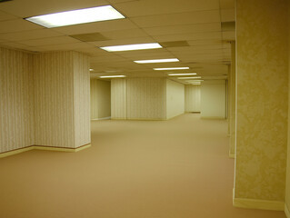 Empty backrooms interior. Beige carpeted room with fluorescent lighting, patterned wallpaper, and an eerie liminal atmosphere associated with backrooms