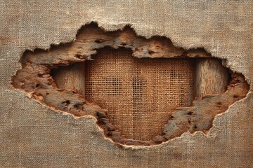 Weathered burlap reveals underlying wood and mesh