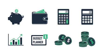 Financial icons illustrating banking budget and savings concepts