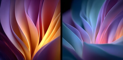 Naklejka premium Diptych of Luminous Layers: Contrasting Warm and Cool Abstract Petals