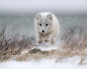 Naklejka premium Arctic fox leaping through a snowy winter landscape