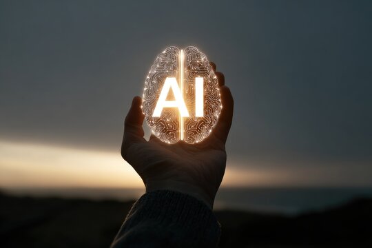 Hand holding a glowing AI brain graphic - Powered by Adobe