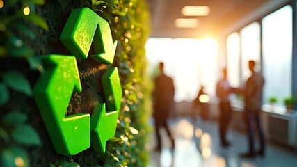 A green recycle symbol on living wall in modern office background shows team meeting, eco-friendly company culture and waste management practices promoting sustainability concept - Powered by Adobe