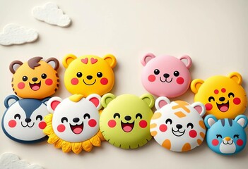 Fototapeta premium Cheerful kawaii animal faces in vibrant rainbow colors on a playful background, fabric, illustration