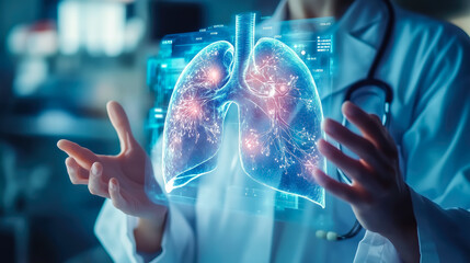 A doctor carefully examines a virtual lung x-ray projection with focused attention. The integration of advanced technology in medical diagnostics. Generative AI.