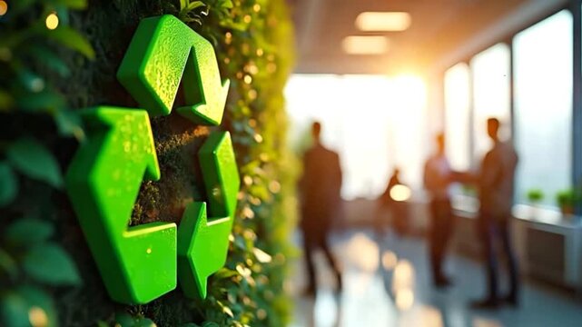 A green recycle symbol on living wall in modern office background shows team meeting, eco-friendly company culture and waste management practices promoting sustainability concept