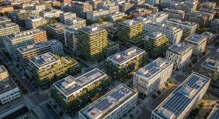 Aerial view of sustainable urban development featuring buildings with green roofs solar panels and eco friendly designs promoting environmental responsibility