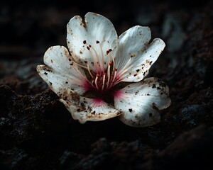 Delicate white flower with red center on dark background