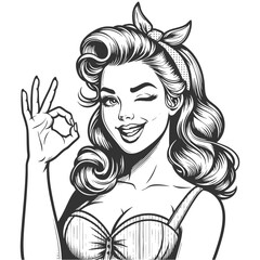 smiling woman winking and making an OK sign sketch engraving generative ai fictional character vector illustration. Scratch board imitation. Black and white image.