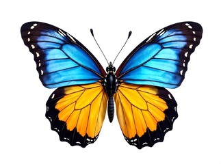 Obraz premium A stunningly beautiful butterfly in mid-flight, featuring vibrant blue, yellow, and orange wings with intricate patterns and delicate veining. The wings are slightly open, showcasing a graceful flutte