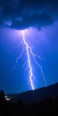 A breathtaking scene of captivating energy where glowing bolts of lightning dramatically electrify the dark night sky. The lightning arcs illuminate the clouds in vivid shades of blue, violet, and whi