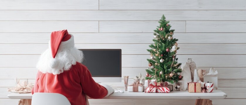 The Santa Claus at a computer desk preparing for Christmas celebrations. - Powered by Adobe