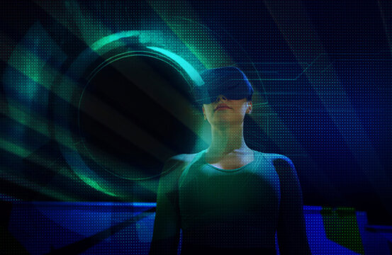 Person using VR headset in futuristic neon cyberspace environment