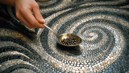 Naklejka premium A hand holds a small silver spoon with dark-colored seeds over a swirling mosaic