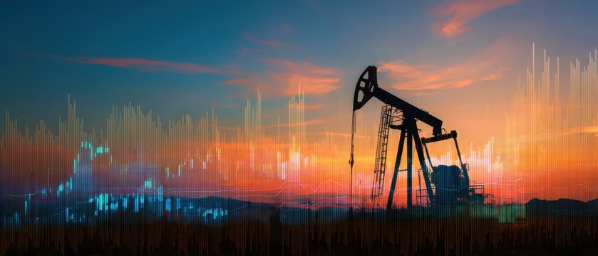 The oil pumpjack silhouette against a colorful sunset and economic data chart.