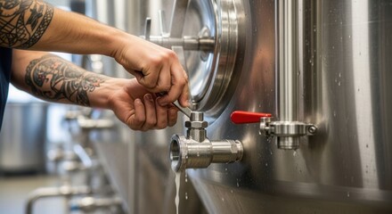 Caucasian man working in brewery by opening a valve on stainless steel tank. Brewmaster managing production, quality control.