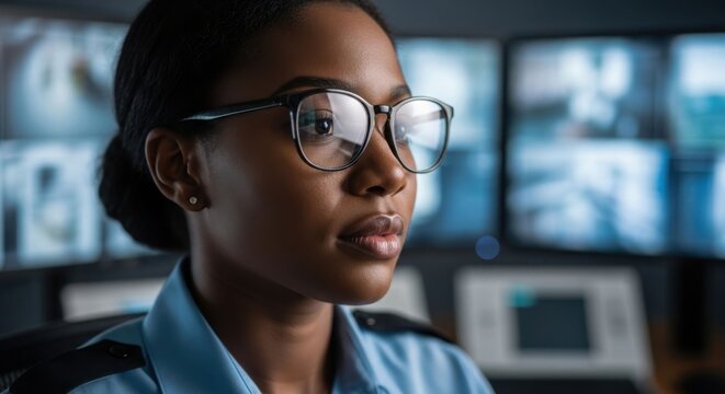 An african american woman wearing glasses and a light blue uniform monitors security cameras for surveillance and safety